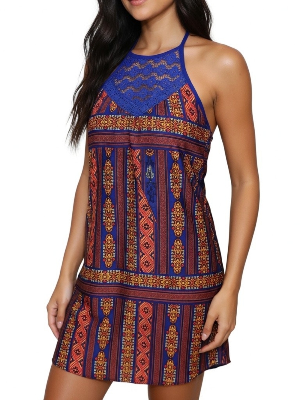 Band Of Gypsies Multi Color Boho Halter Lace Neck Mini Dress Size S
